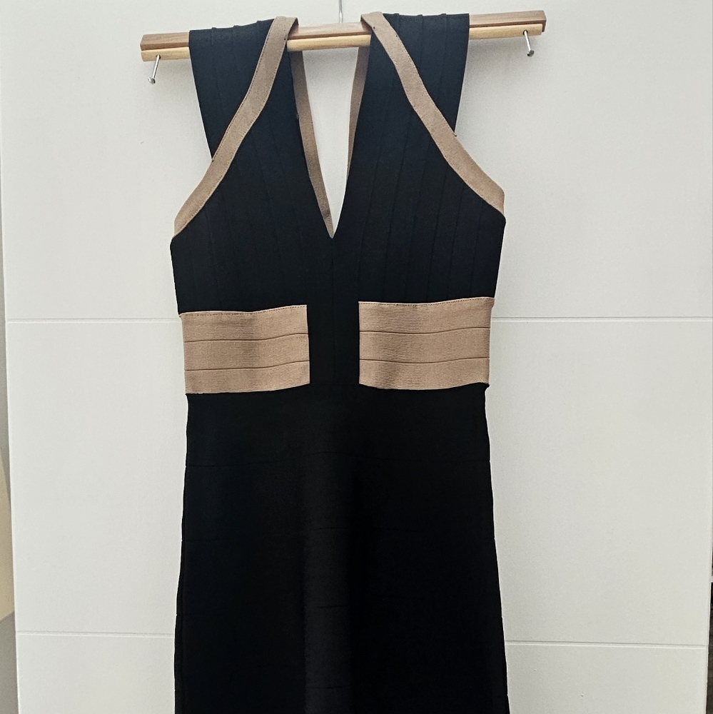 Bebe Black and Tan Halter Sheath Mini Dress